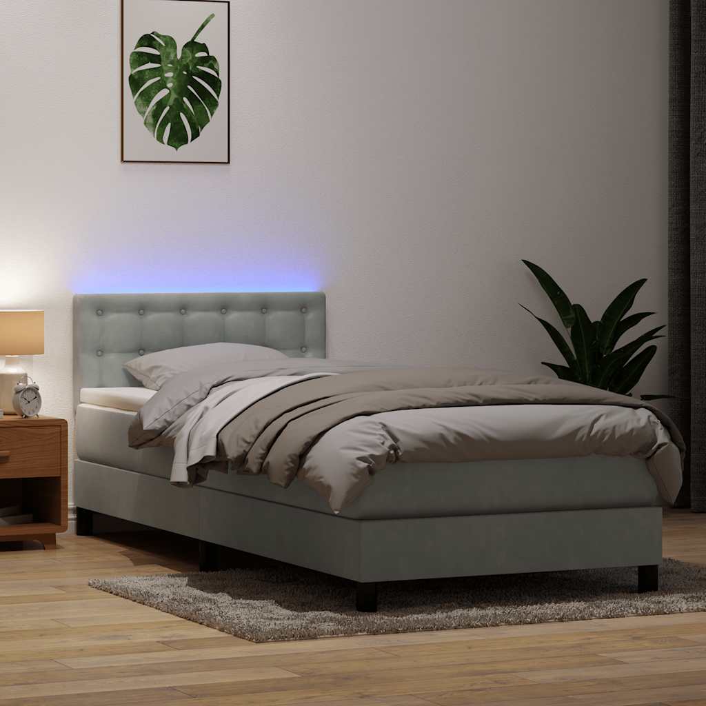 Boxspring met matras en LED fluweel lichtgrijs 100x210 cm – afbeelding 1