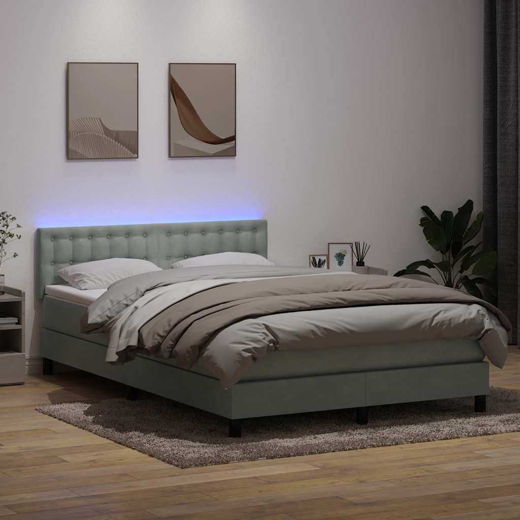 Boxspring met matras en LED fluweel lichtgrijs 160x220 cm – afbeelding 1