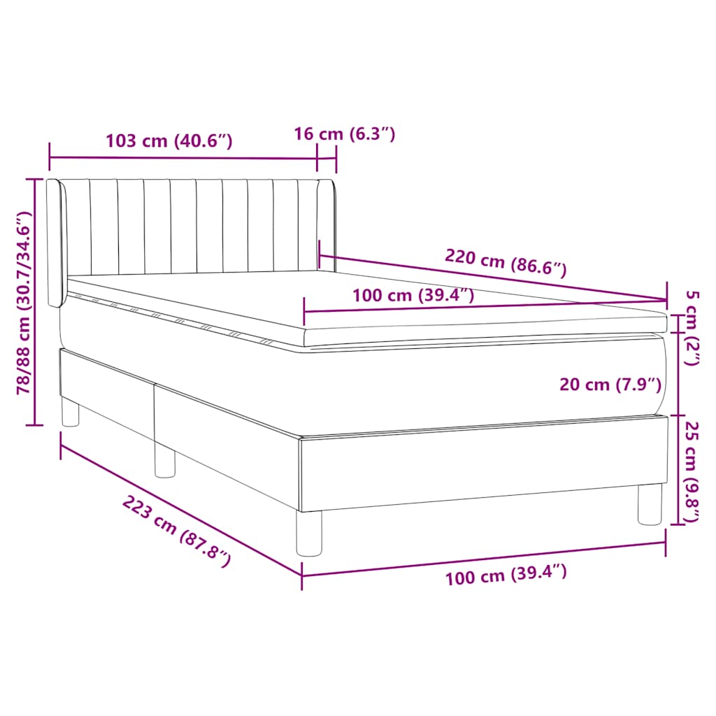 Boxspring met matras fluweel lichtgrijs 100x220 cm – afbeelding 12