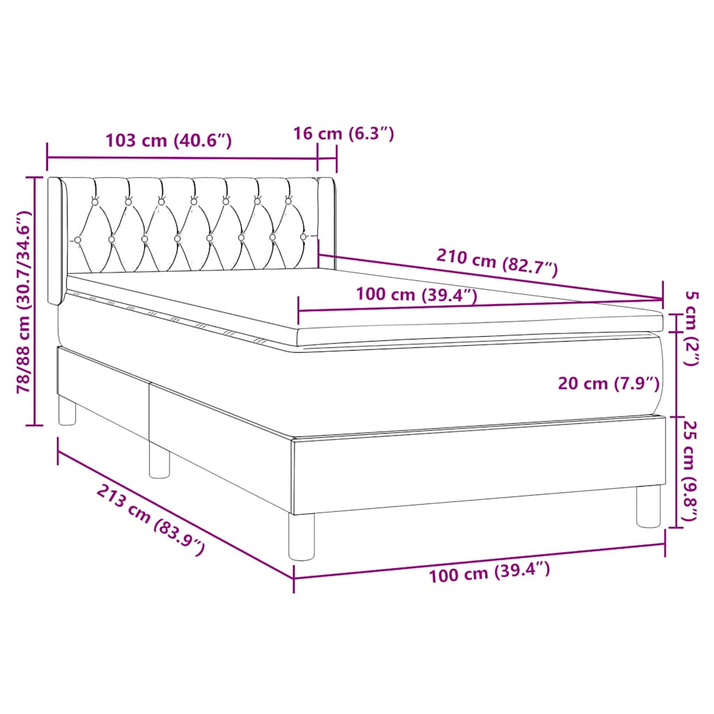 Boxspring met matras fluweel lichtgrijs 100x210 cm – afbeelding 12