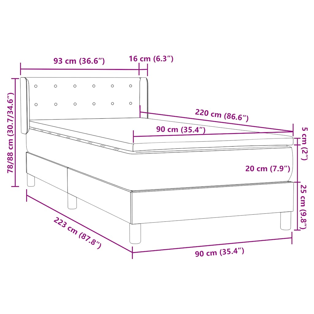 Boxspring met matras fluweel donkerblauw 90x220 cm – afbeelding 12