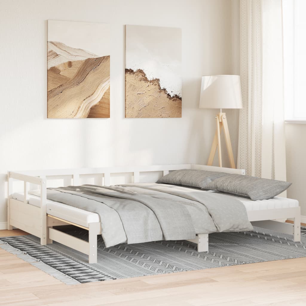Slaapbank met onderschuifbed en matras 90x200 cm grenenhout wit – afbeelding 1