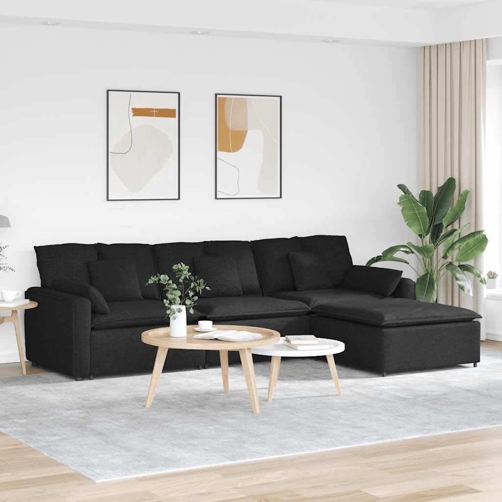 Modulaire bank met voetenbank en kussens zwart