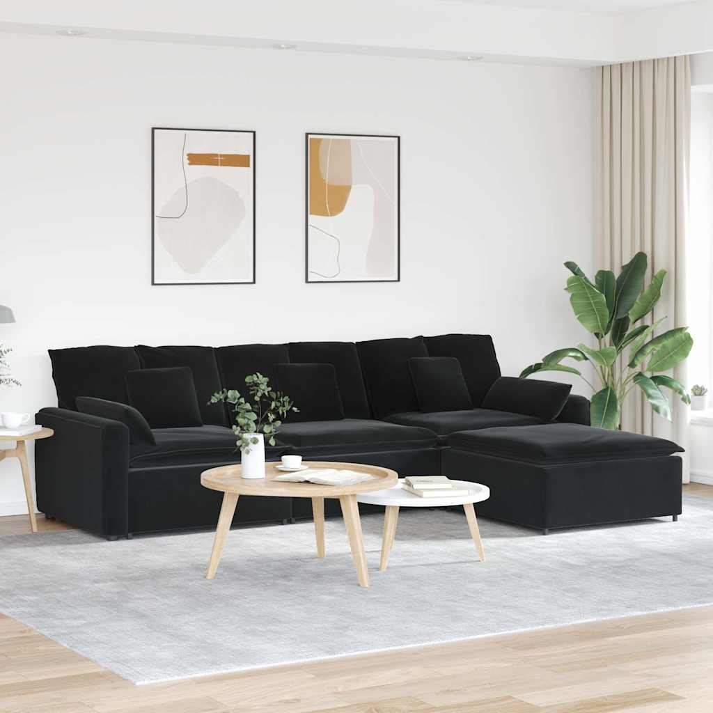 Modulaire bank met voetenbank en kussens zwart