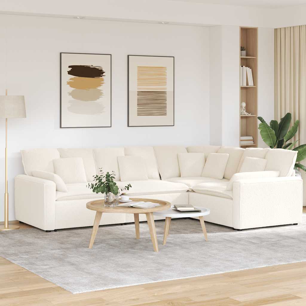 Modulaire bank met kussens gekrulde wolachtige stof crème – afbeelding 1