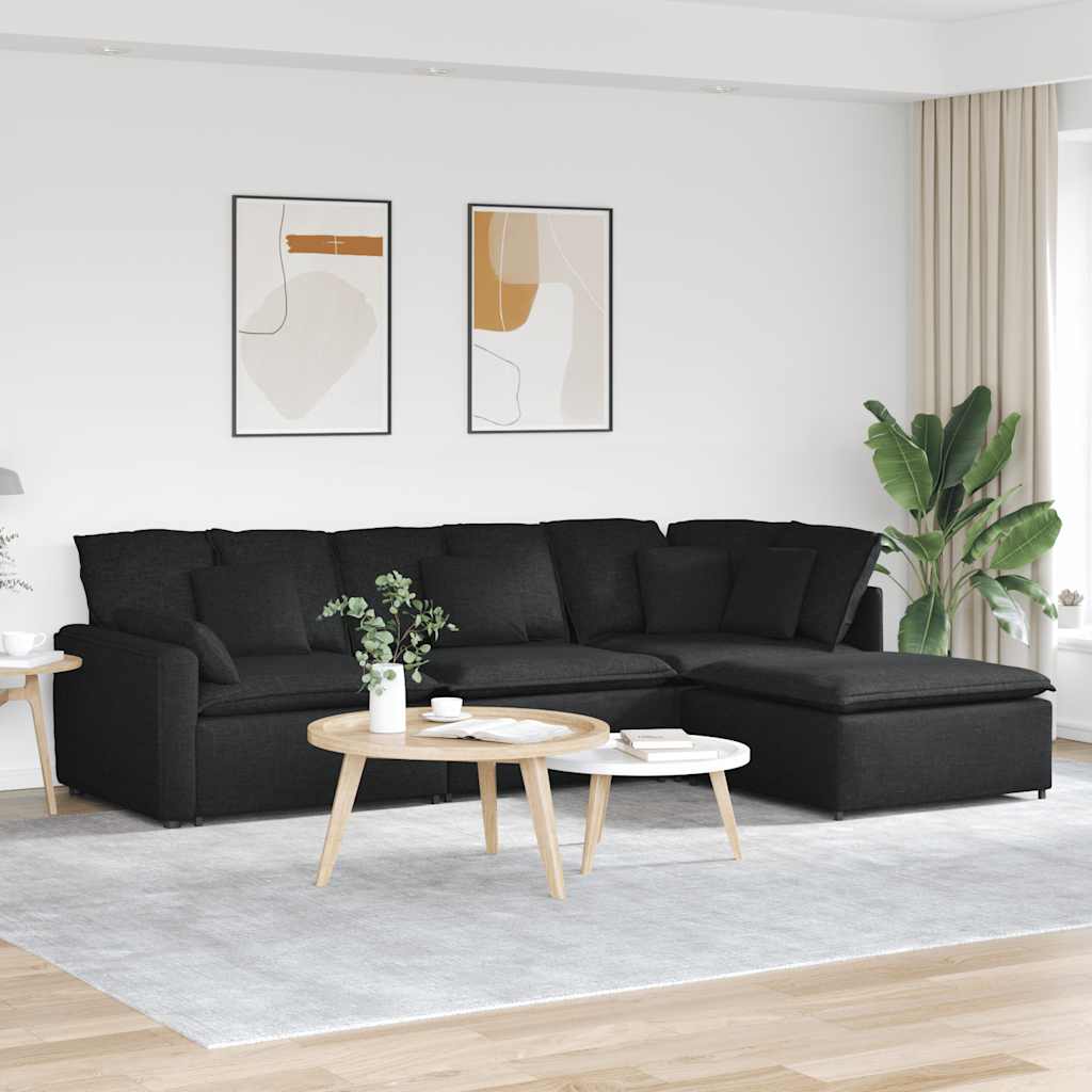 Modulaire bank met voetenbank en kussens stof zwart