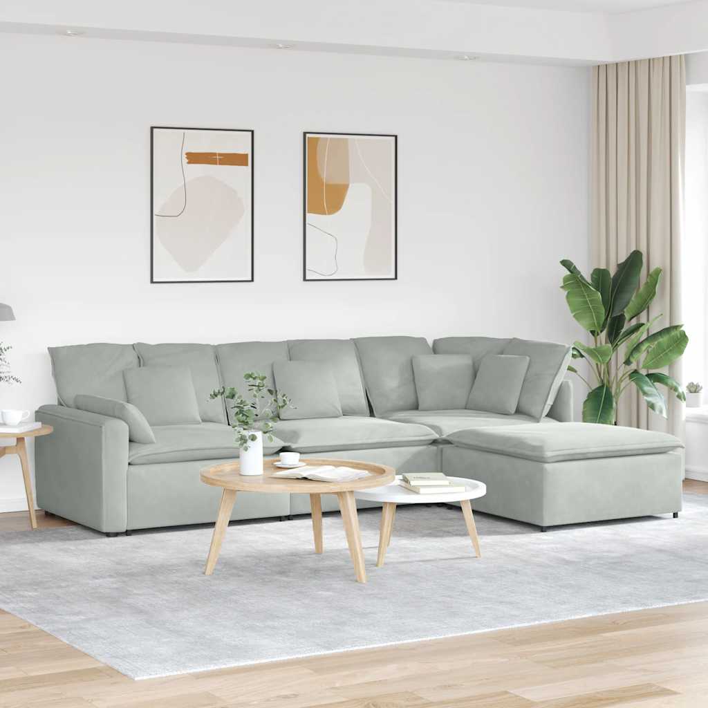 Modulaire bank met voetenbank en kussens fluweel lichtgrijs