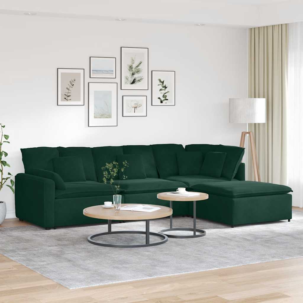 Modulaire bank met voetenbank en kussens fluweel donkergroen