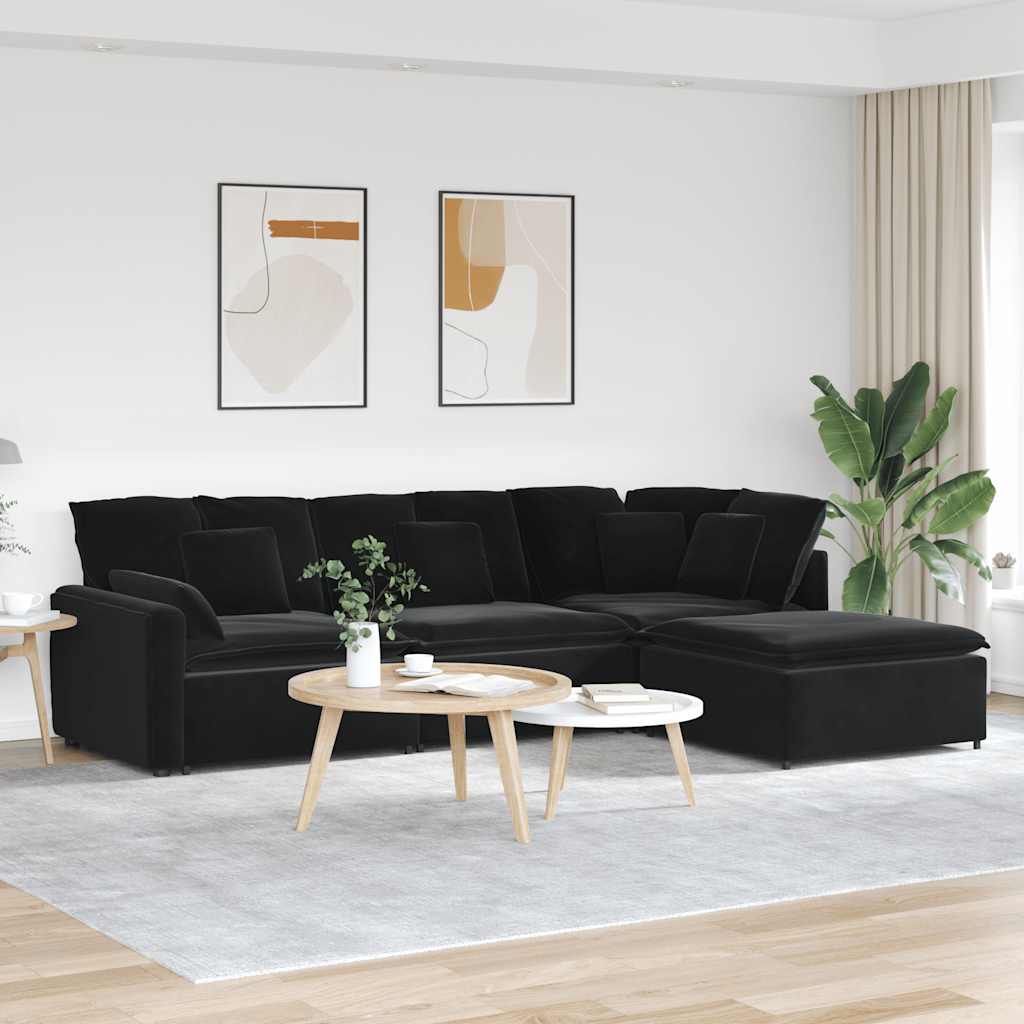 Modulaire bank met voetenbank en kussens fluweel zwart