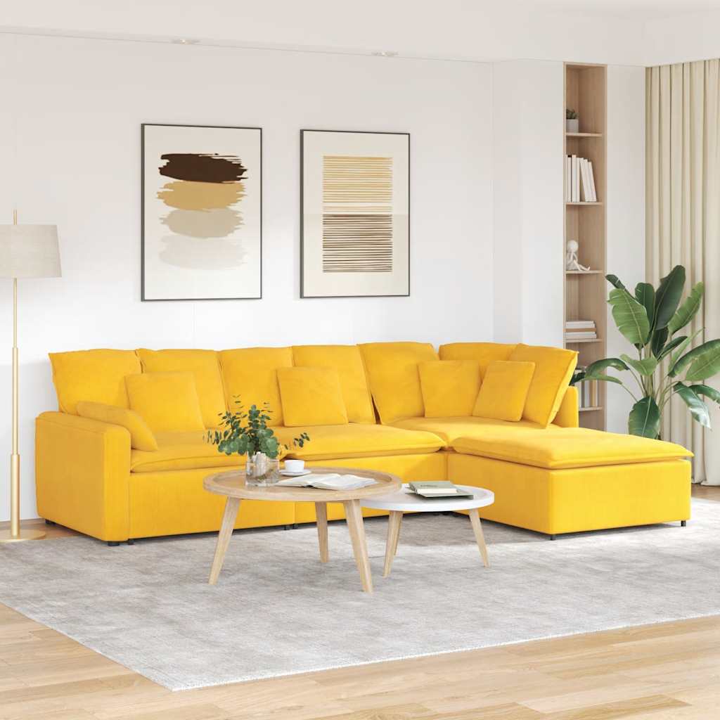 Modulaire bank met voetenbank & kussens corduroy stof lichtgeel – afbeelding 1
