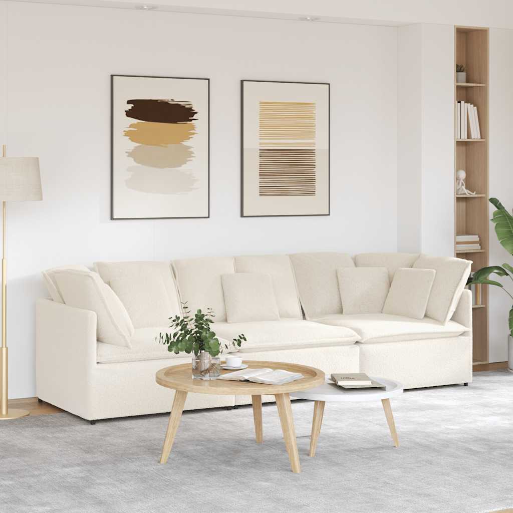 Modulaire bank met kussens gekrulde wolachtige stof crème – afbeelding 1