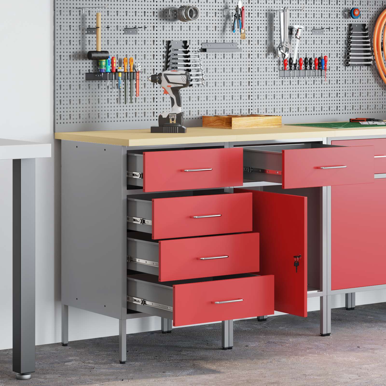 Werk kast met lade 2 pcs Rood en Grijs 100 x 55 x 85 cm