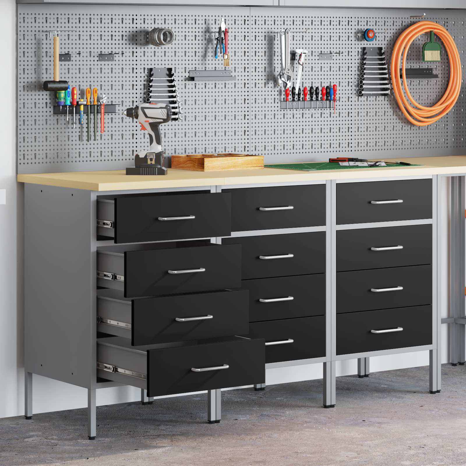 Werk kast met lade 3 pcs Zwart en Grijs 150 x 55 x 85 cm