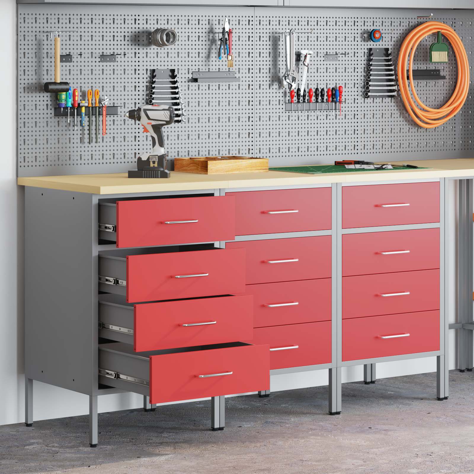 Werk kast met lade 3 pcs Rood en Grijs 150 x 55 x 85 cm
