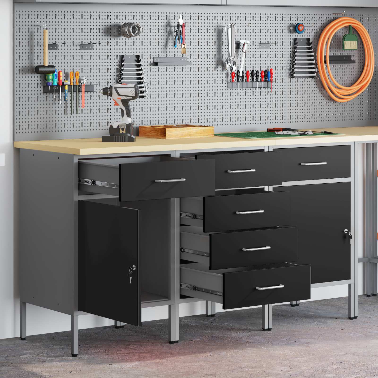 Werk kast met lade 3 pcs Zwart en Grijs 150 x 55 x 85 cm