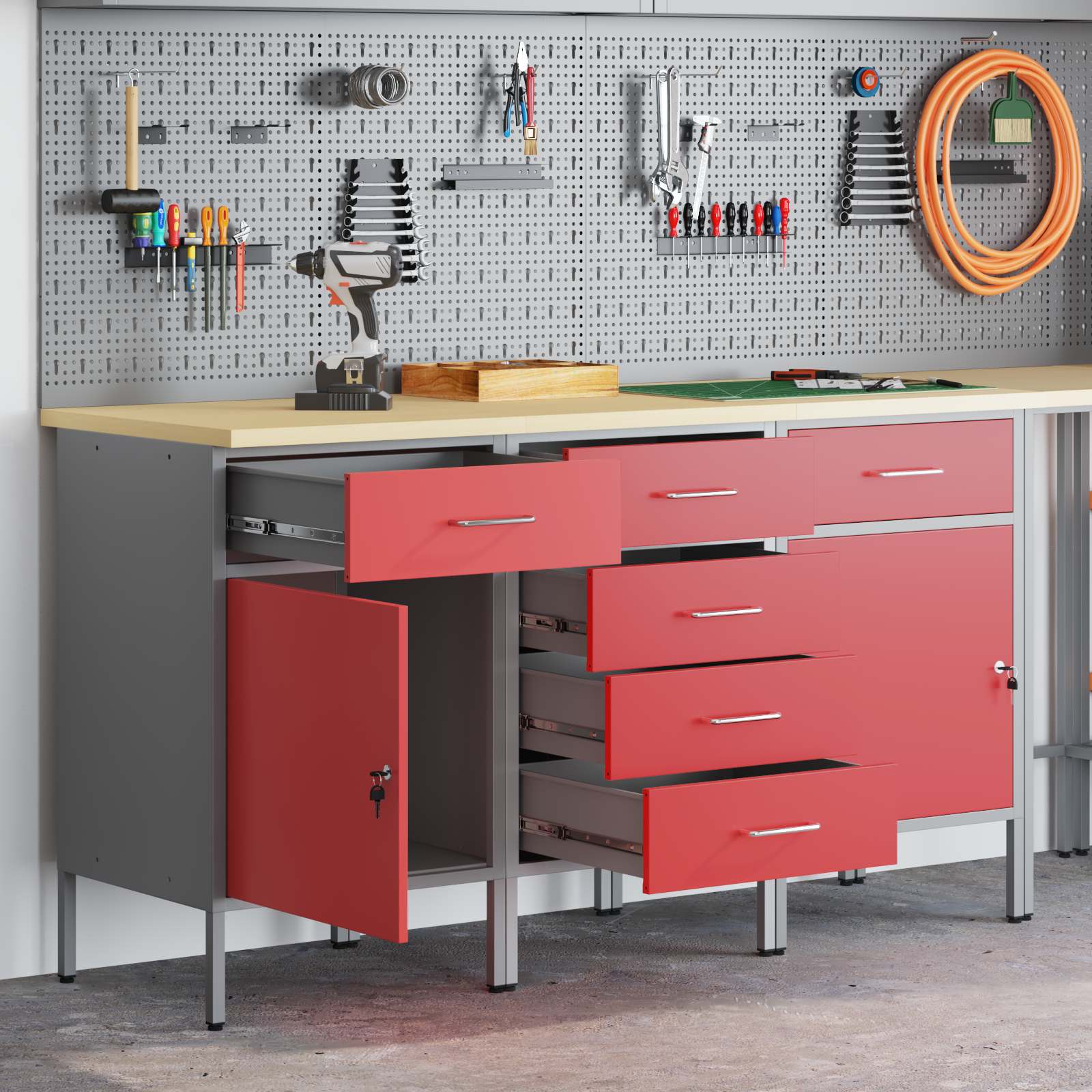 Werk kast met lade 3 pcs Rood en Grijs 150 x 55 x 85 cm