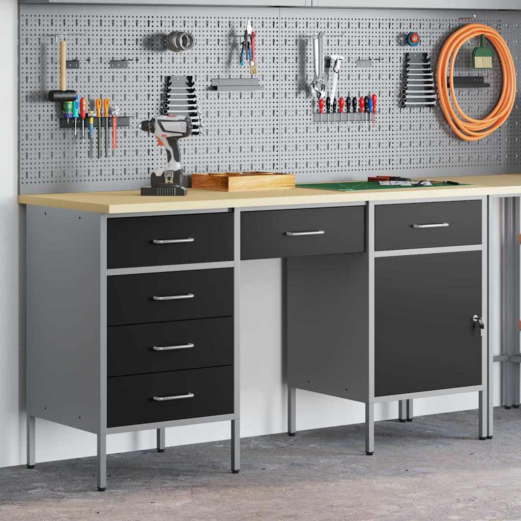 Werk kast met lade met slot 3 st Zwart Engineered hout en staal – afbeelding 3