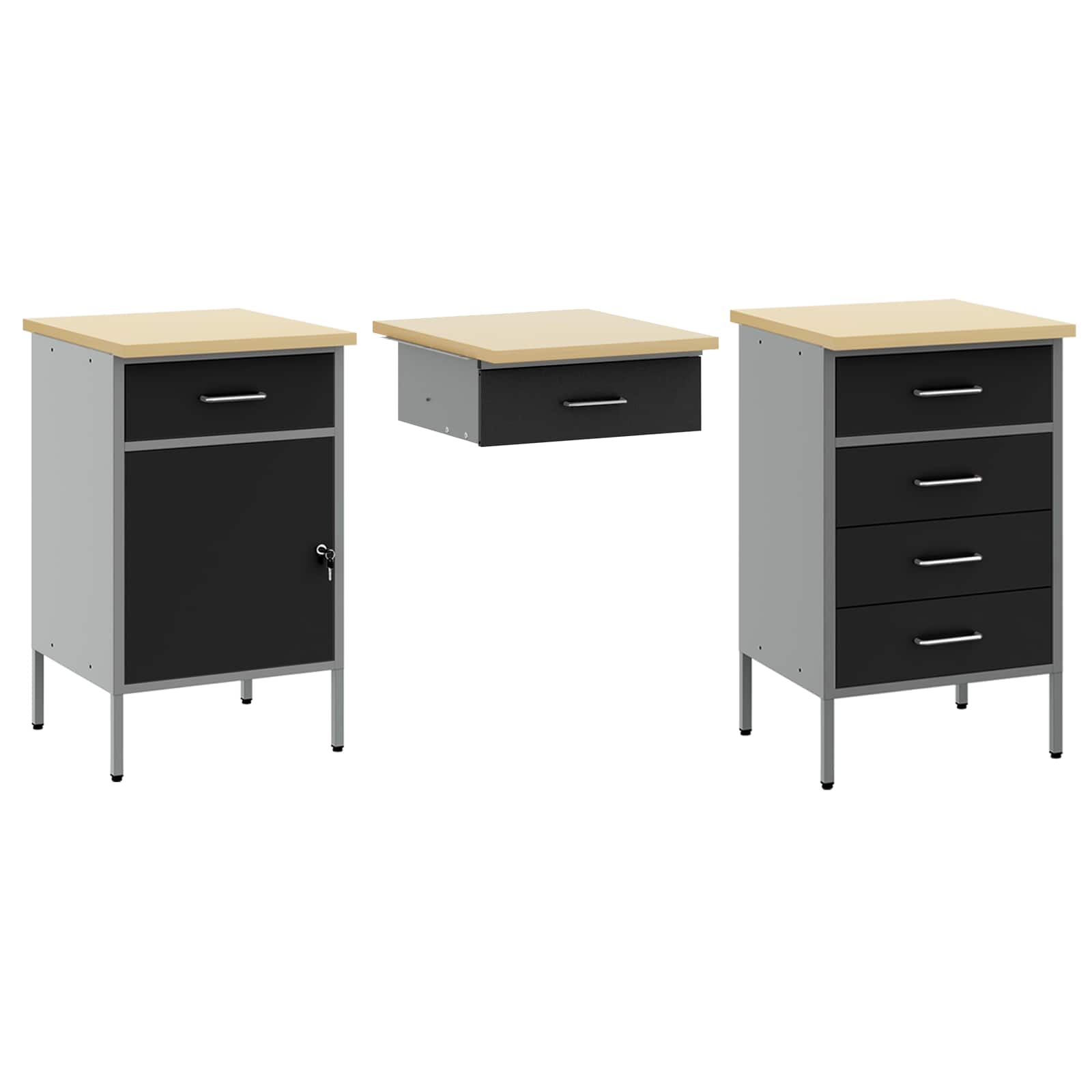 Werk kast met lade met slot 3 st Zwart Engineered hout en staal – afbeelding 4