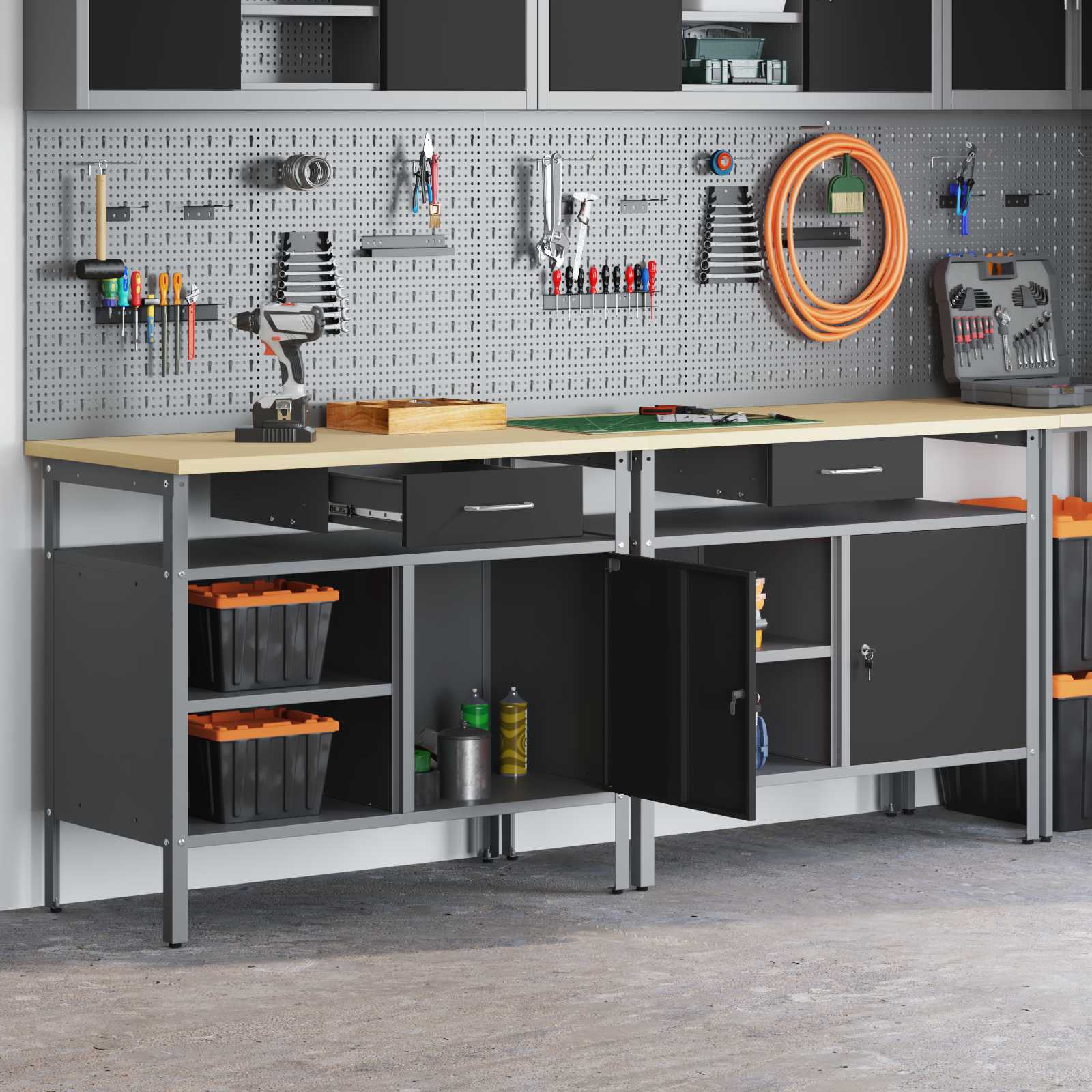 Werkbankset met lade 2 pcs Zwart en Grijs 200 x 55 x 85 cm