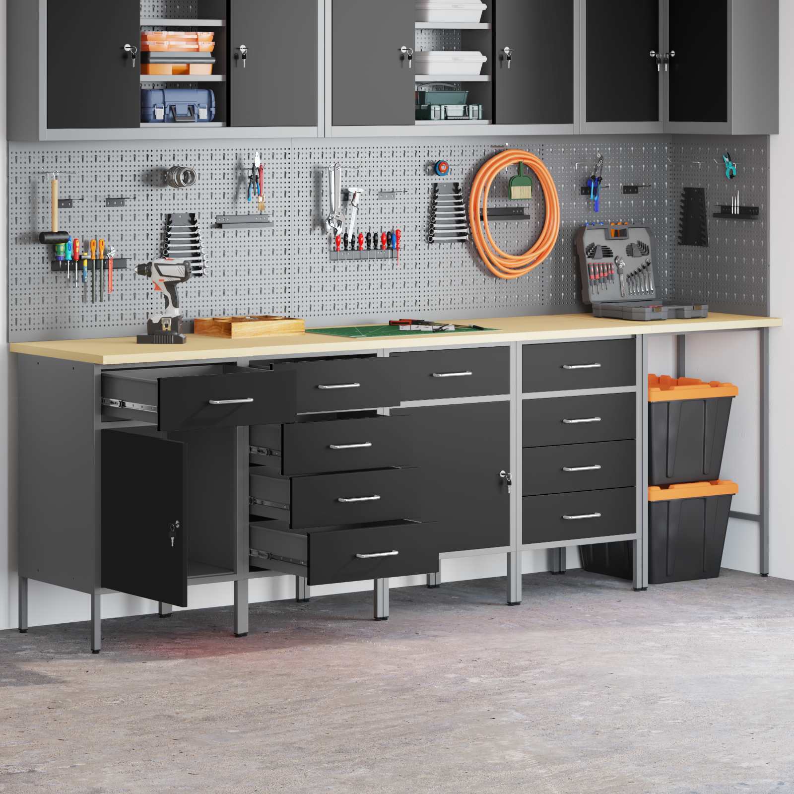 Werkkast set met lade met opslag met slot 5 pcs Zwart en Grijs
