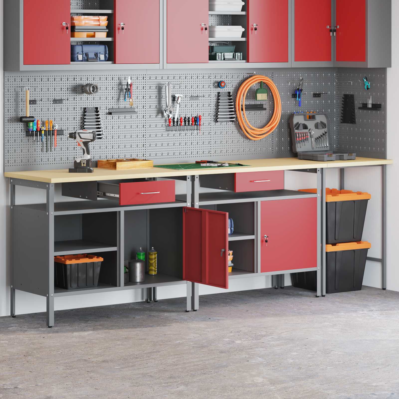 Werkbankset met lade 3 pcs Zwart en Grijs Gepoedercoat staal