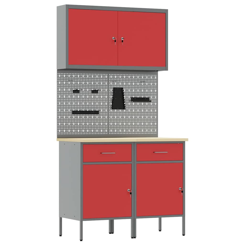 Werk kast met lade met slot 5 st Rood Engineered hout en staal – afbeelding 2