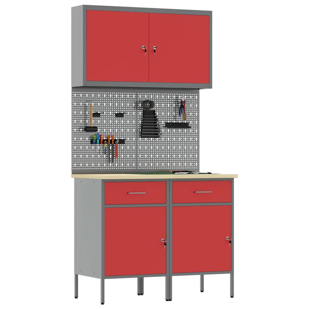 Werk kast met lade met slot 5 st Rood Engineered hout en staal – afbeelding 3