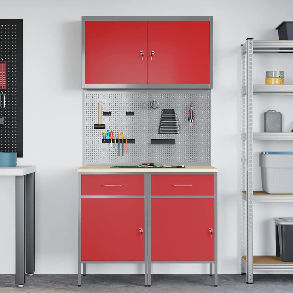Werk kast met lade met slot 5 st Rood Engineered hout en staal – afbeelding 4