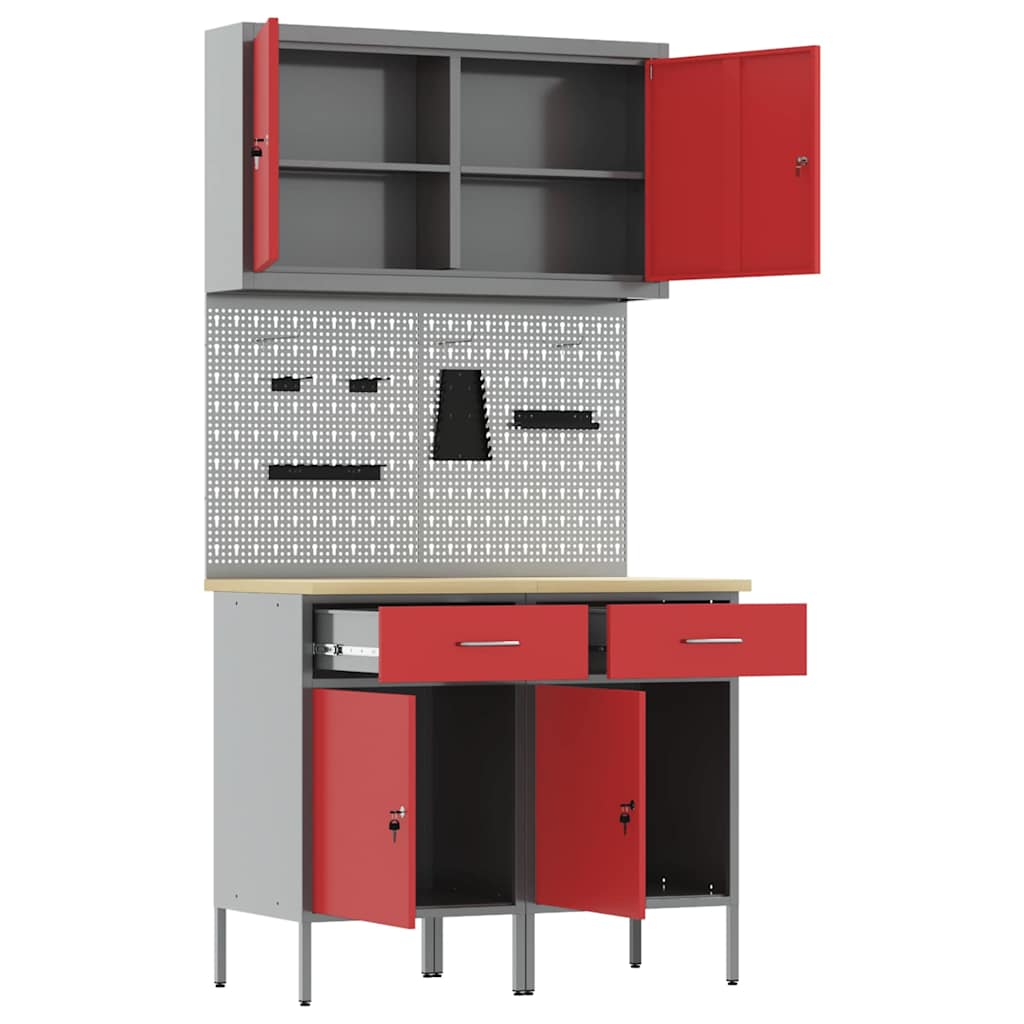 Werk kast met lade met slot 5 st Rood Engineered hout en staal – afbeelding 5