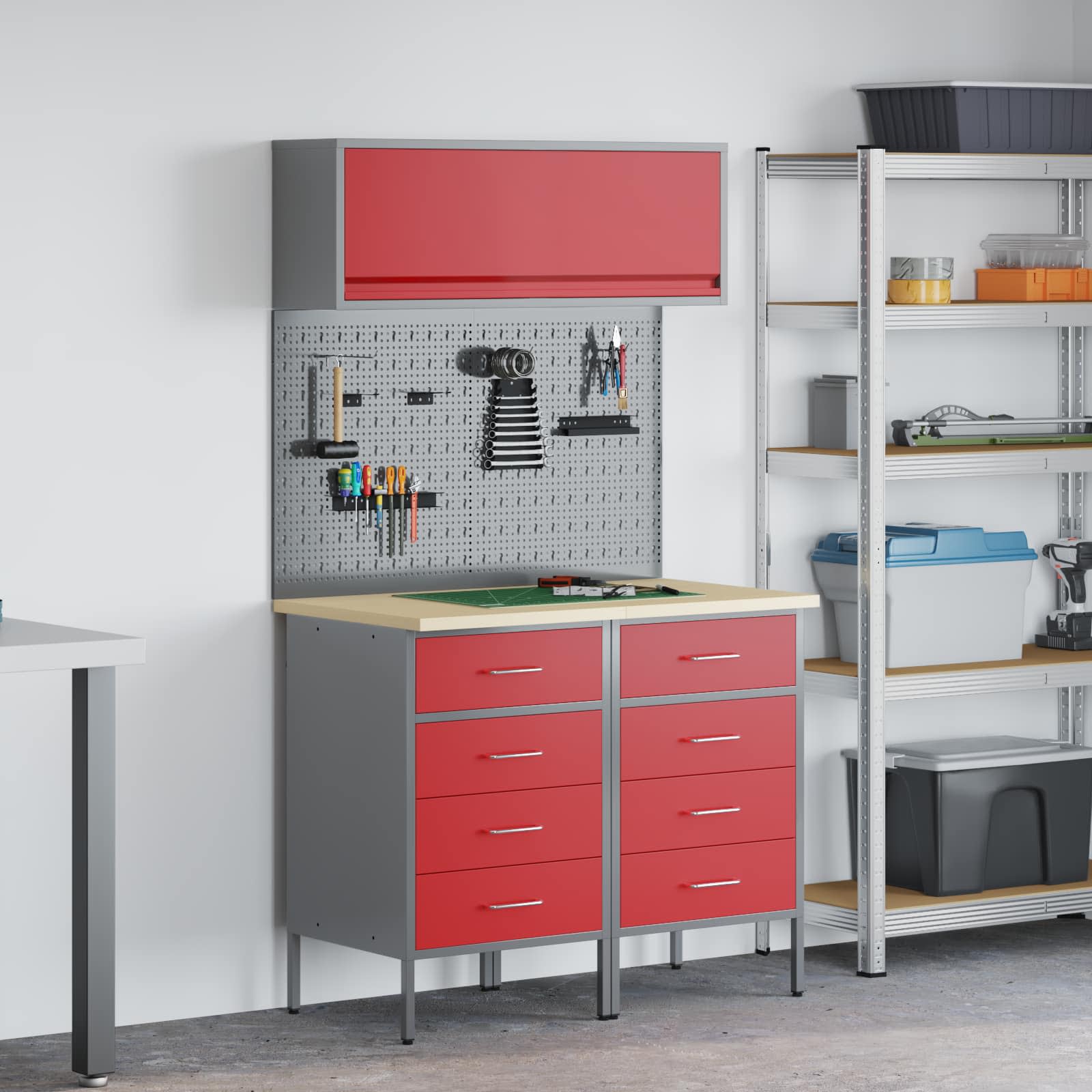 Werkkast set 5 pcs Rood Poedergecoat staal en gefabriceerd hout