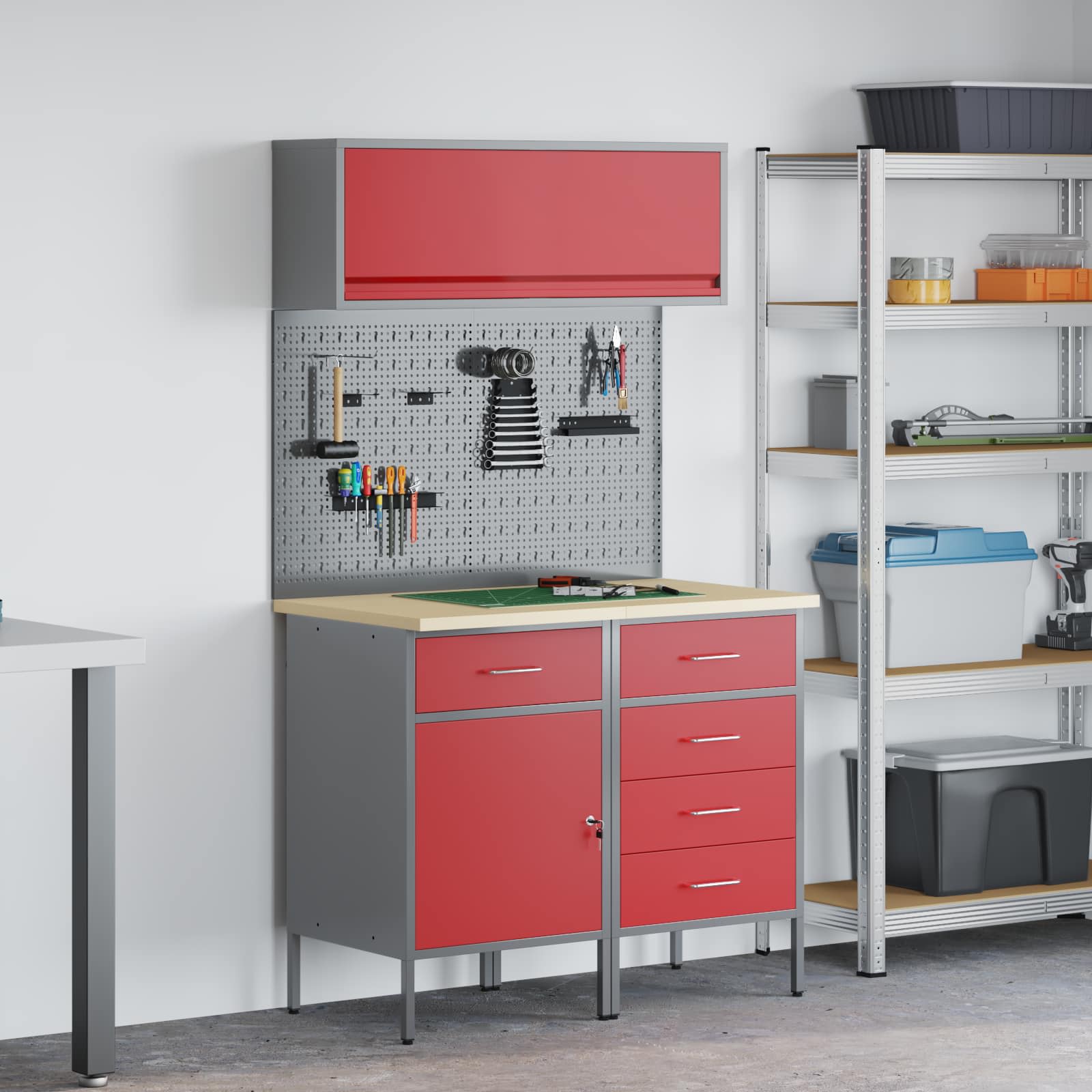 Werkkast set 5 pcs Rood Poedergecoat staal en gefabriceerd hout – afbeelding 1