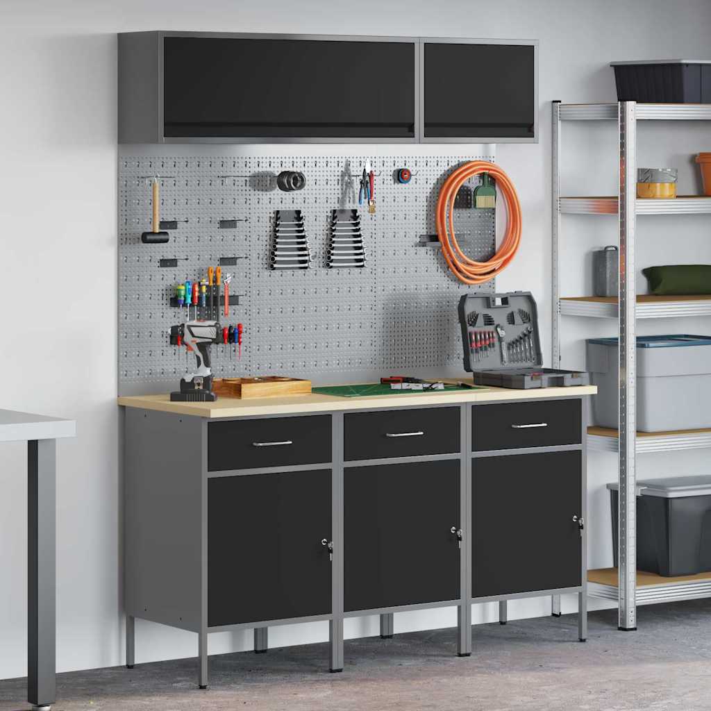 Werkkast set 8 st Zwart Poedergecoat staal en gefabriceerd hout