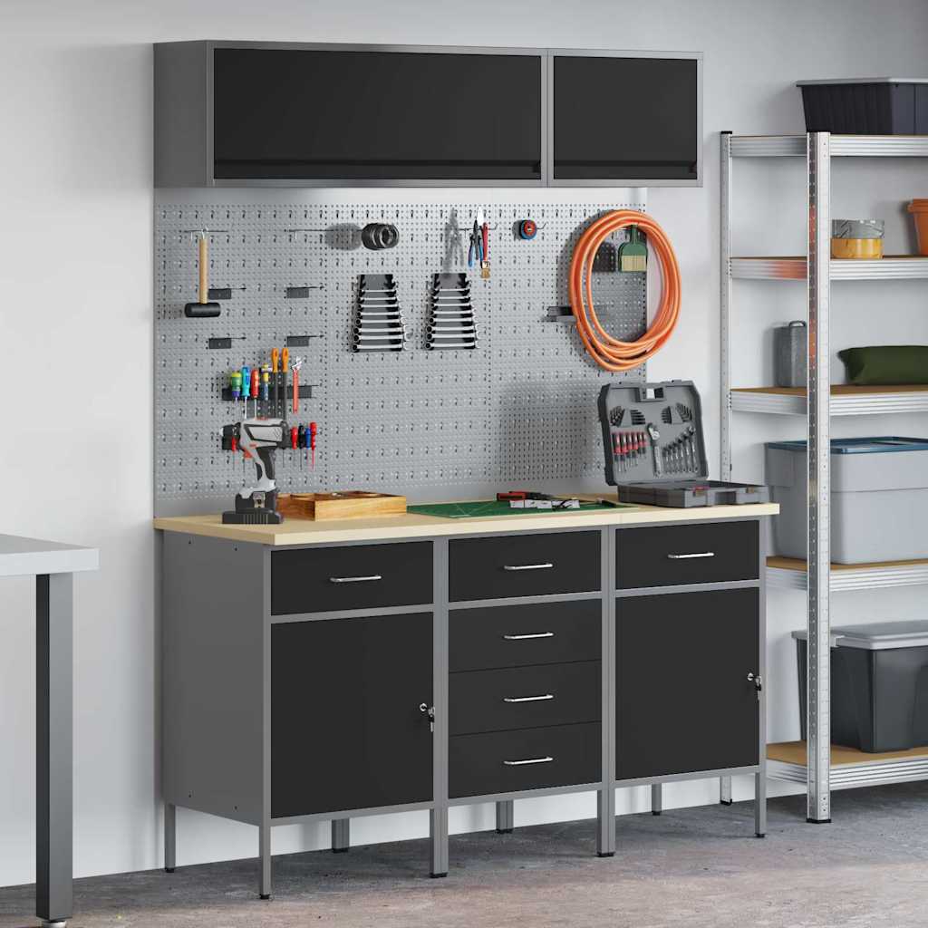 Werkkast set 8 st Zwart Poedergecoat staal en gefabriceerd hout
