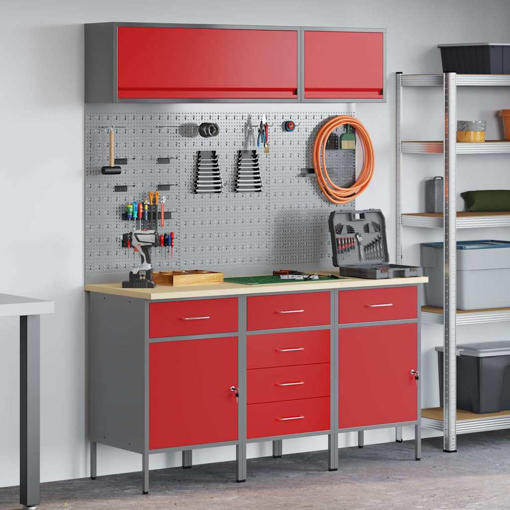 Werkkast set 8 pcs Rood Poedergecoat staal en gefabriceerd hout