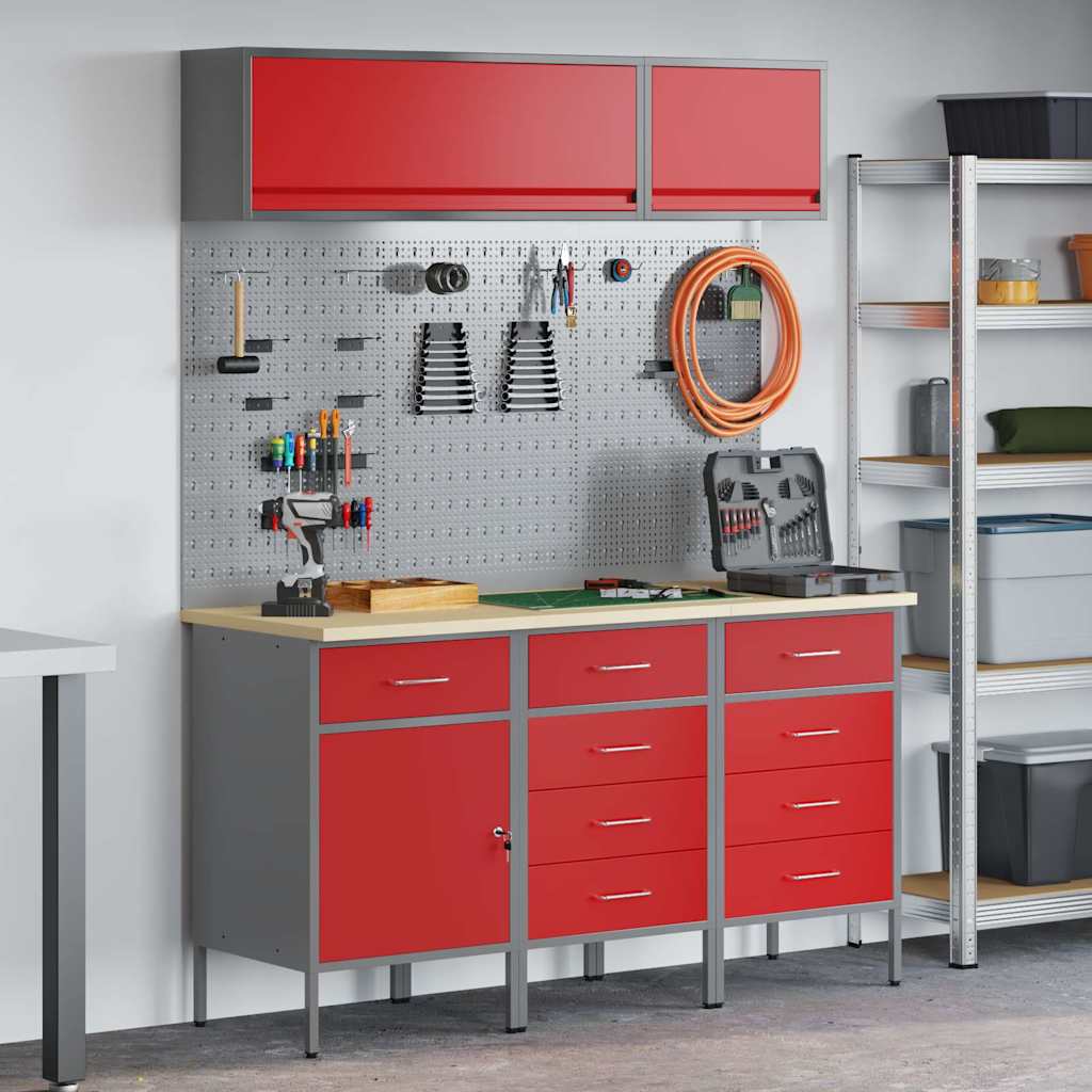 Werkkast set 8 pcs Rood Poedergecoat staal en gefabriceerd hout