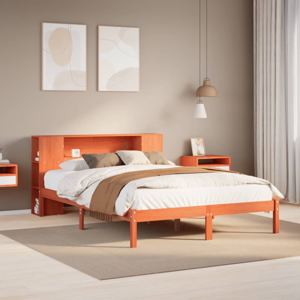Bed met boekenkast zonder matras grenenhout wasbruin 135x190 cm – afbeelding 1