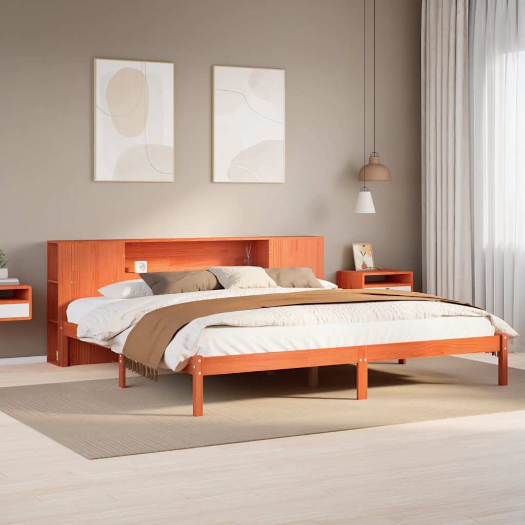 Bed met boekenkast zonder matras grenenhout wasbruin 200x200 cm – afbeelding 1