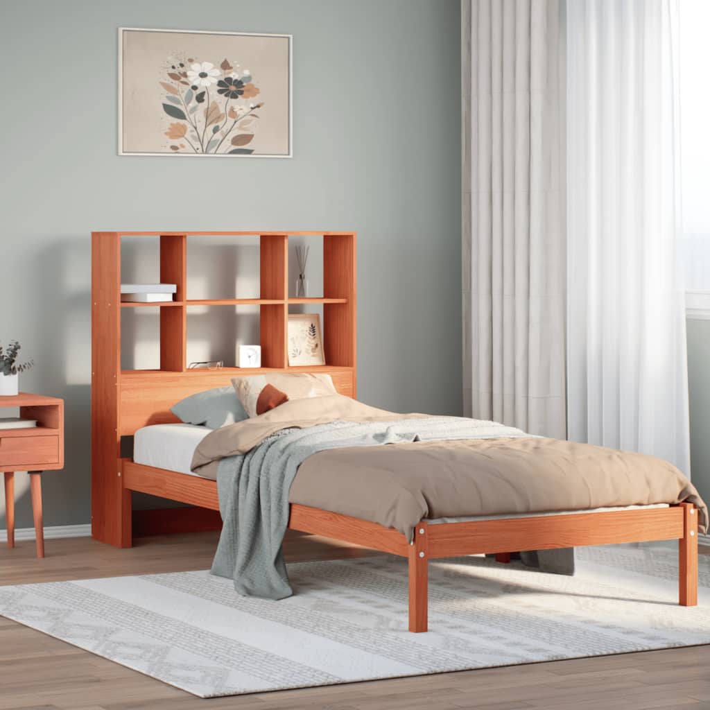 Bed met boekenkast zonder matras grenenhout wasbruin 100x200 cm – afbeelding 1