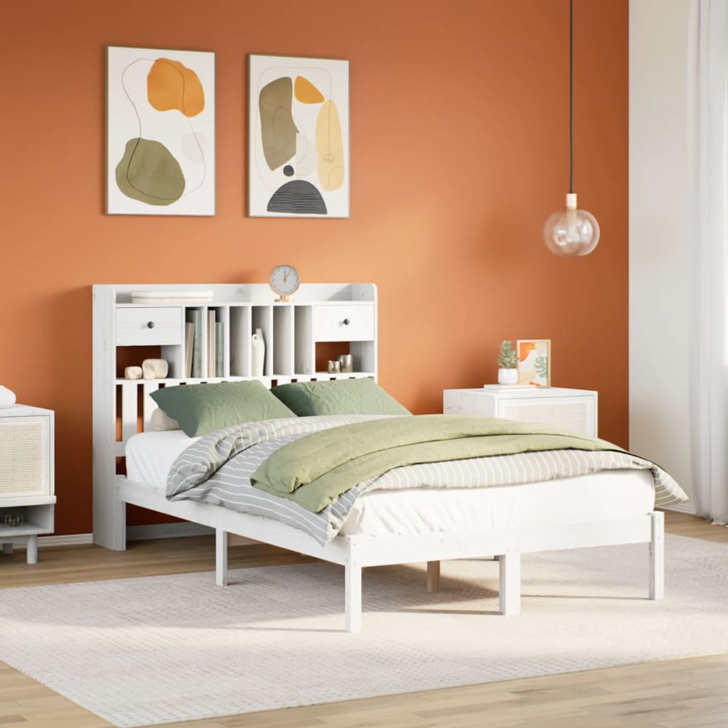 Bed met boekenkast zonder matras grenenhout wit 135x190 cm – afbeelding 1