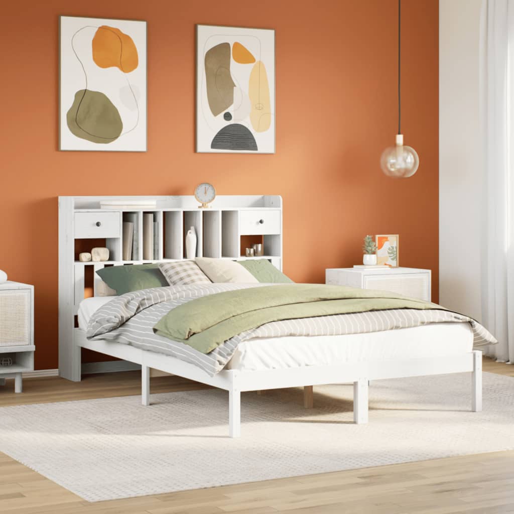 Bed met boekenkast zonder matras grenenhout wit 140x200 cm – afbeelding 1