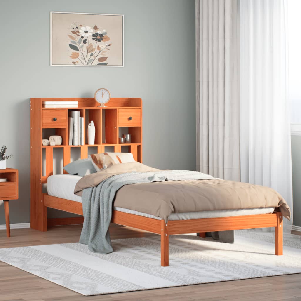 Bed met boekenkast zonder matras grenenhout wasbruin 75x190 cm – afbeelding 1