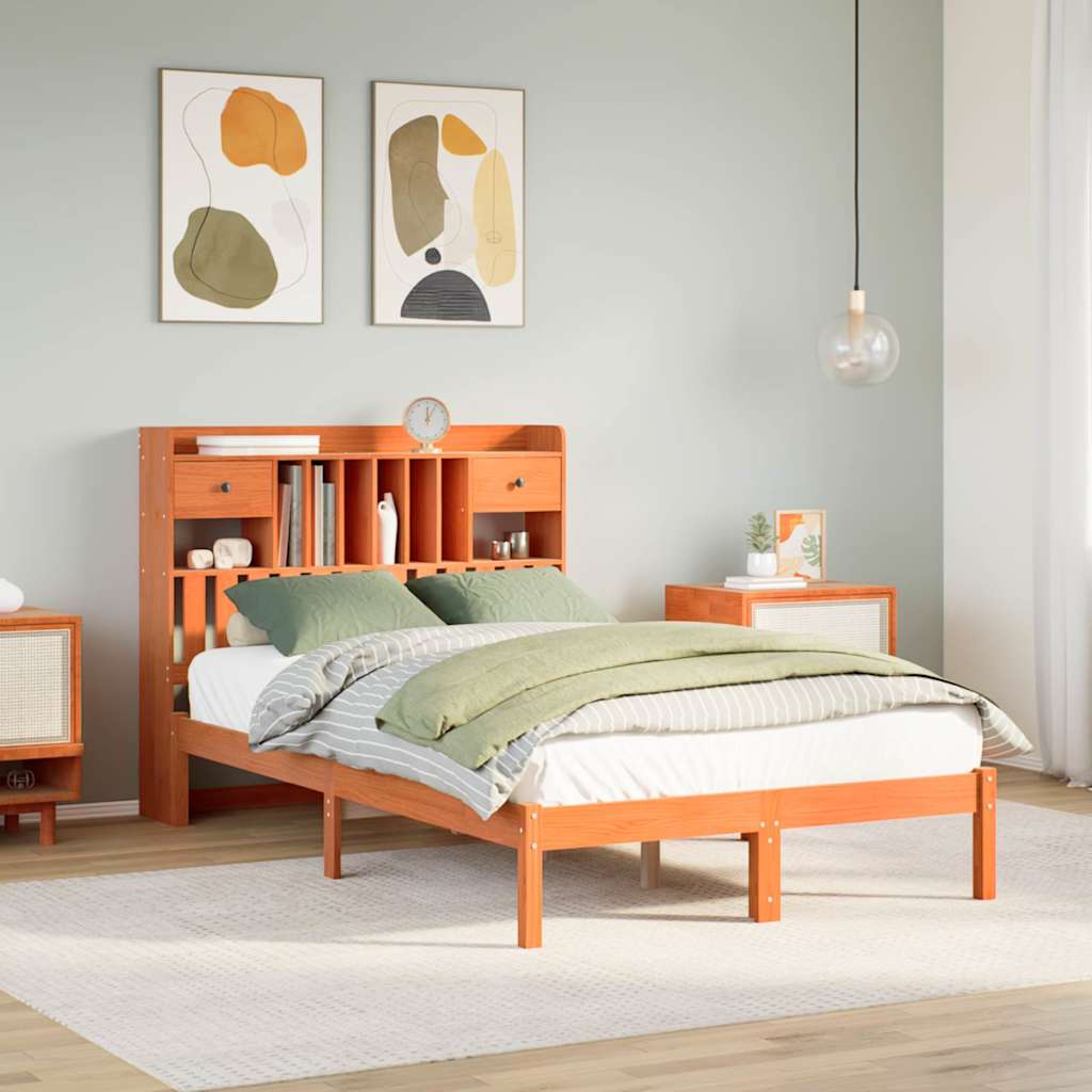 Bed met boekenkast zonder matras grenenhout wasbruin 135x190 cm – afbeelding 1