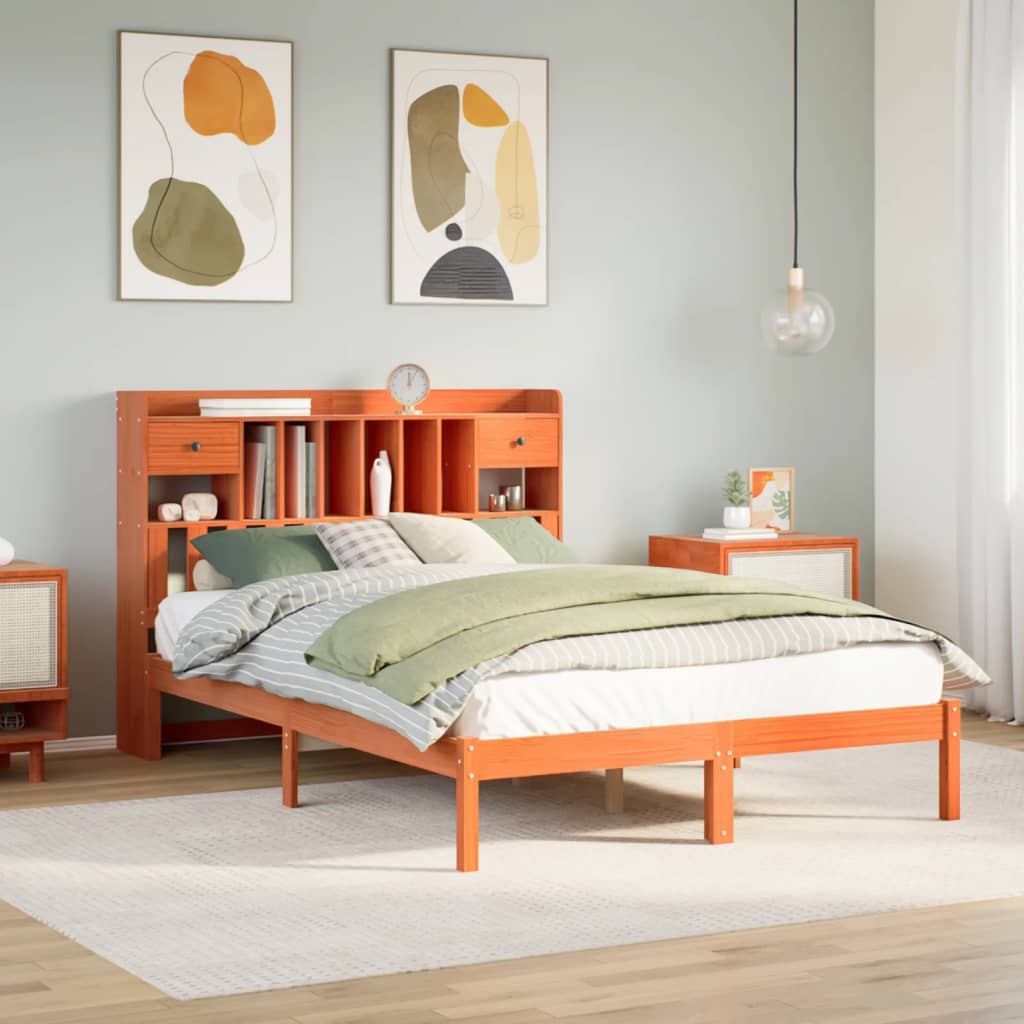 Bed met boekenkast zonder matras grenenhout wasbruin 160x200 cm – afbeelding 1