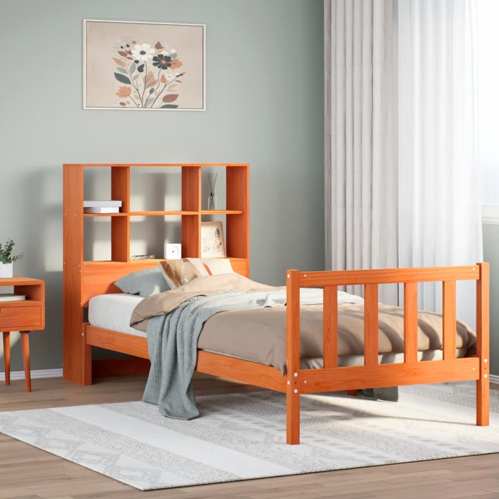 Bed met boekenkast zonder matras grenenhout wasbruin 100x200 cm – afbeelding 1
