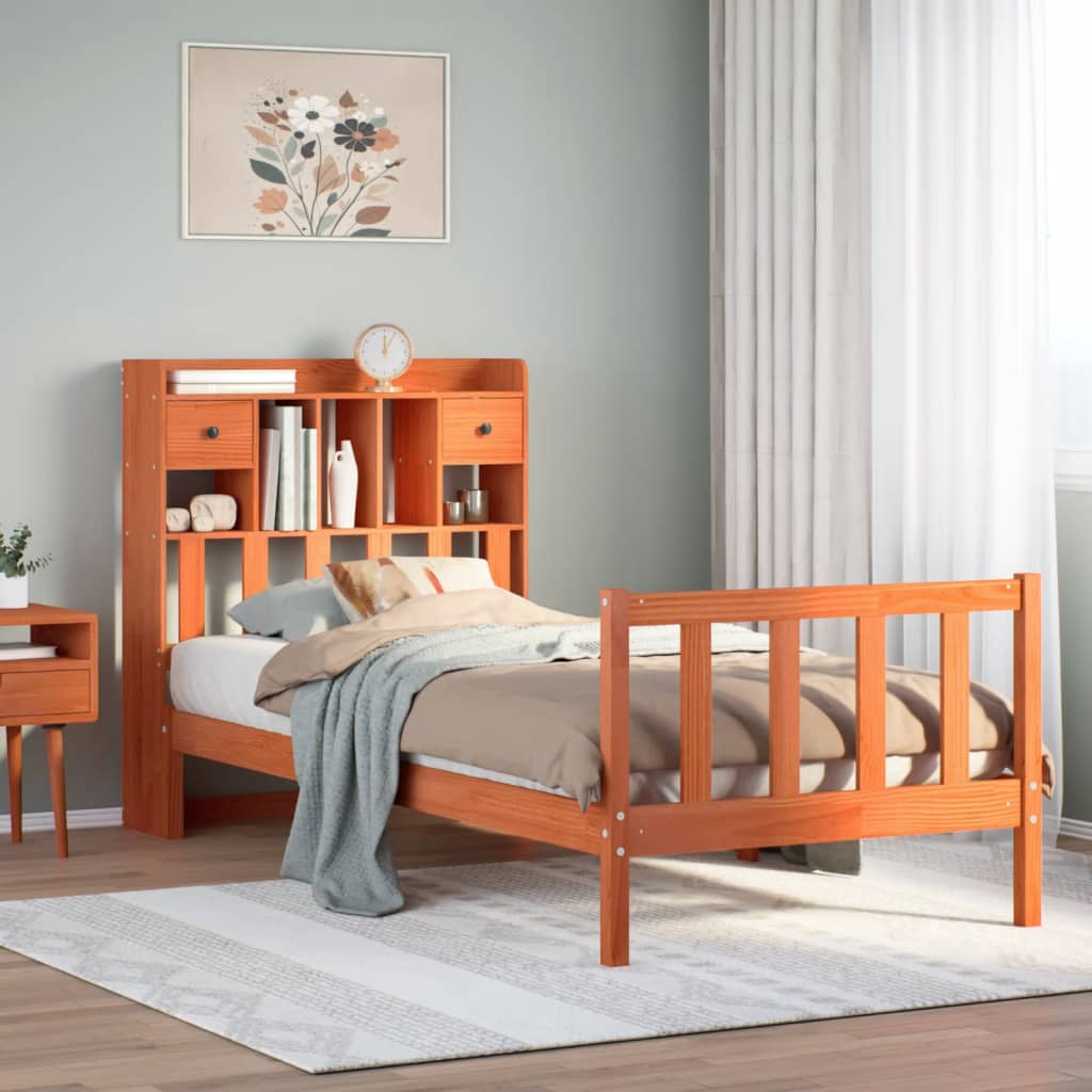 Bed met boekenkast zonder matras grenenhout wasbruin 100x200 cm – afbeelding 1