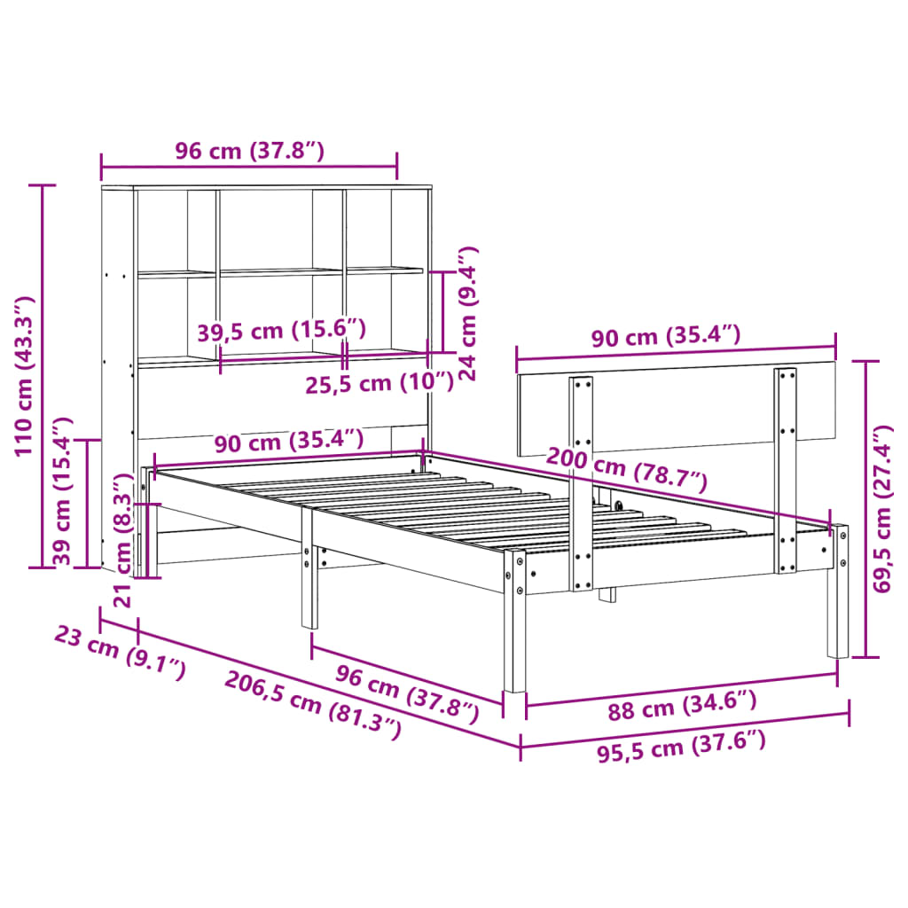 Bed met boekenkast zonder matras massief grenenhout 90x200 cm – afbeelding 11