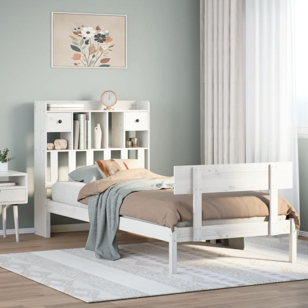 Bed met boekenkast zonder matras grenenhout wit 75x190 cm – afbeelding 1