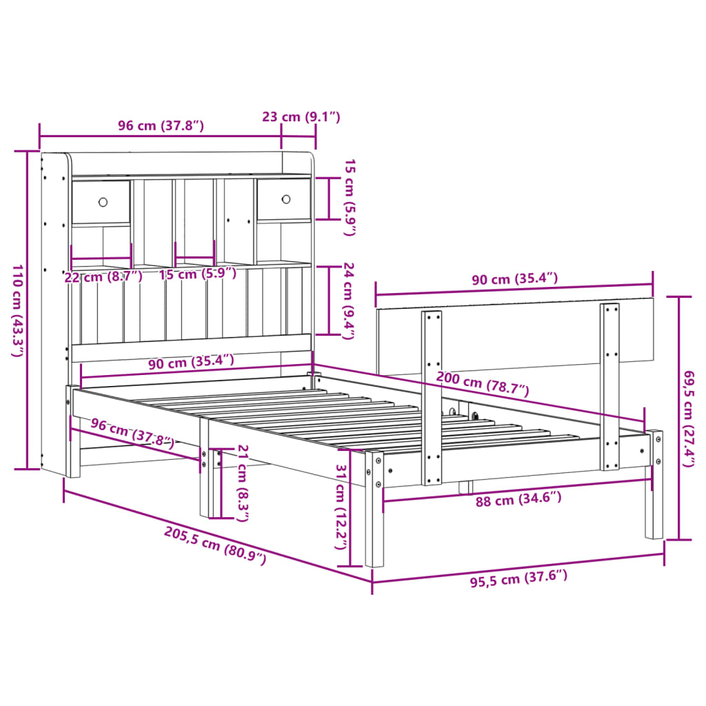 Bed met boekenkast zonder matras massief grenenhout 90x200 cm – afbeelding 11