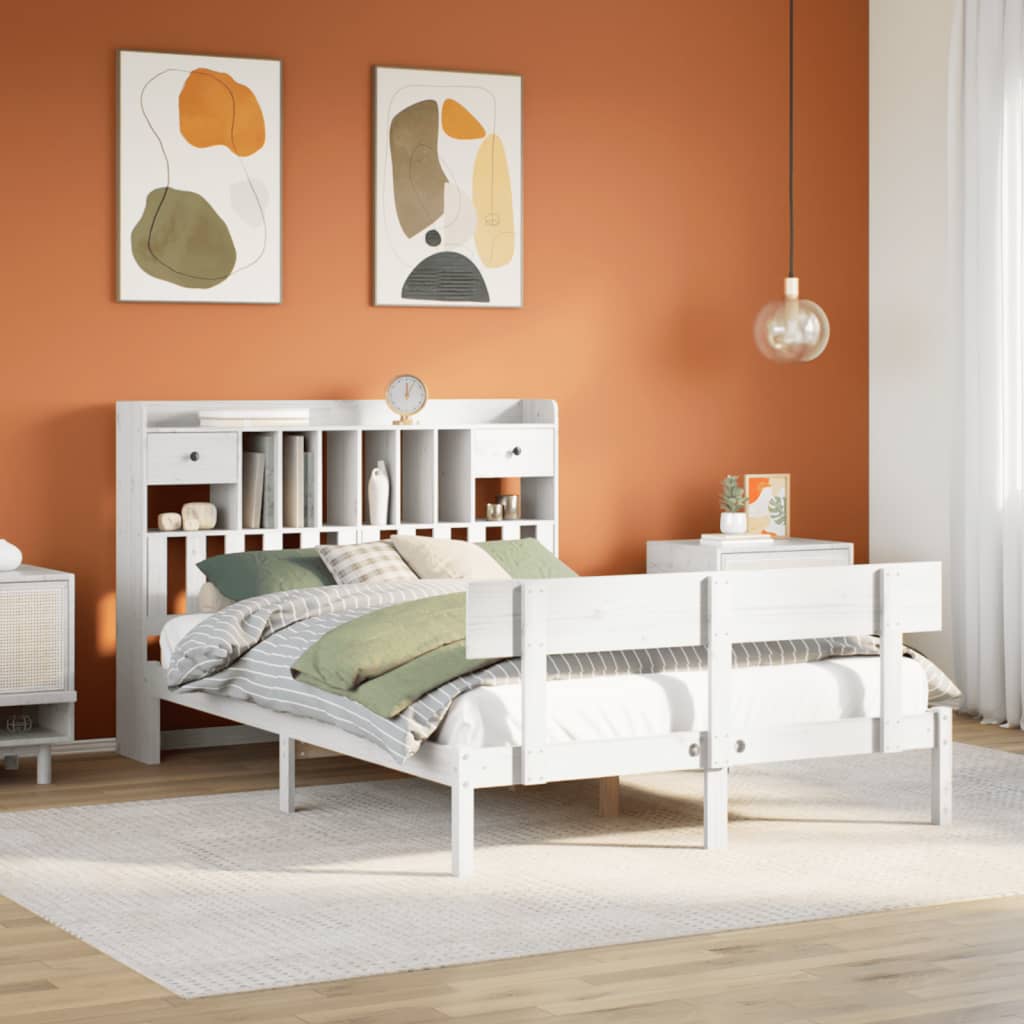 Bed met boekenkast zonder matras grenenhout wit 140x200 cm – afbeelding 1