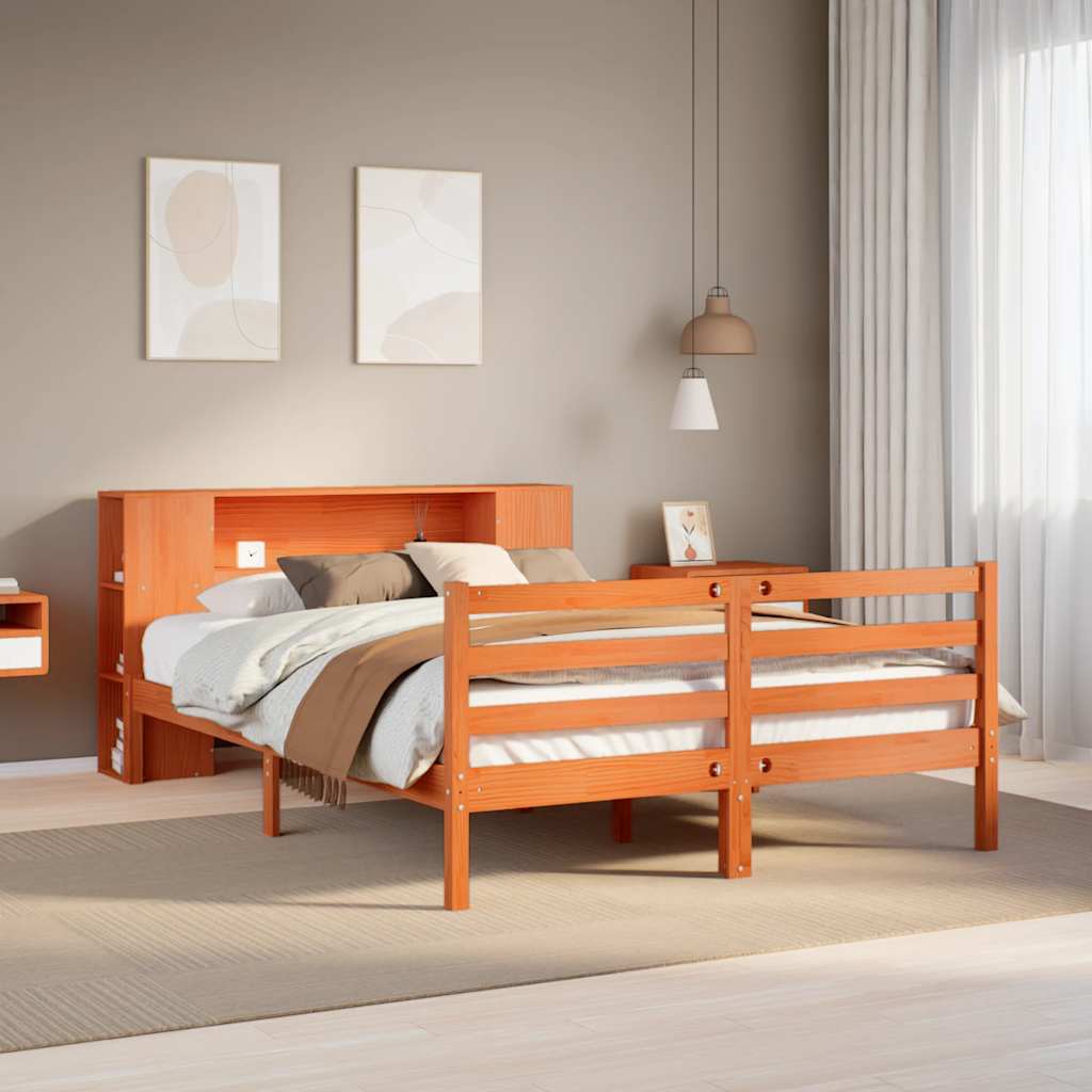 Bed met boekenkast zonder matras grenenhout wasbruin 150x200 cm – afbeelding 1